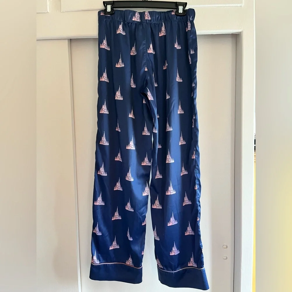 Disney Womens Pajama Pants Small Blue Satin 50th Anniversary Cinderella Castle - Picture 2 of 6